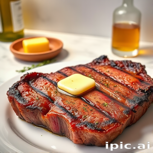 Create an image of a perfectly seared ribeye steak, resting on a white plate with a pat of melting butter on top. The steak is seasoned with fresh herbs like thyme and parsley, with glistening juices highlighting the texture of the meat. The background features a soft focus on a light, marble countertop, with a small dish of butter and an olive oil bottle in the distance. The overall mood should be warm and inviting, capturing the deliciousness and juiciness of the steak.