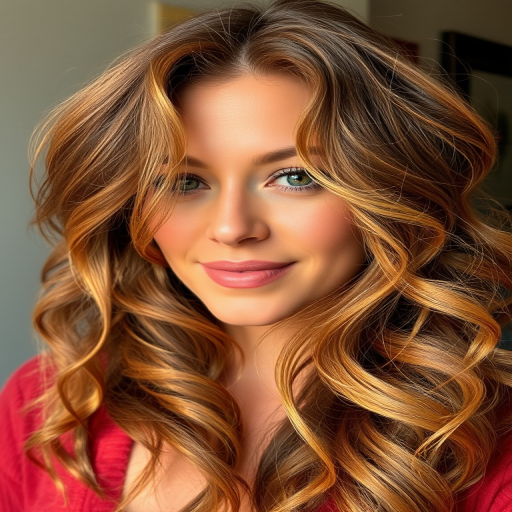 Earthy portrait highlighting Amber Honey waves, warm golden-brown tones blended seamlessly, styled in loose, natural curls with sun-kissed highlights