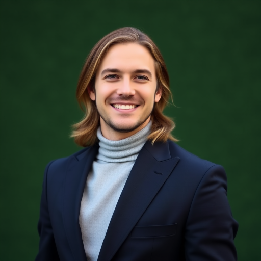 portrait of a man with long hair wearing a stylish suit and turtleneck, smiling against a green background, 50mm lens, f/1.8 aperture, ISO 100, natural light, shallow depth of field, taken with a DSLR camera