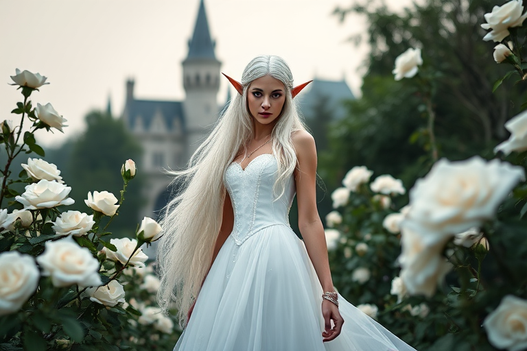 elf female with long white hair and pointed ears wearing a flowing white gown surrounded by white roses and a castle in the background, soft lighting, depth of field, 85mm lens, f/1.8 aperture, 1/250 sec shutter speed, taken with a full-frame DSLR camera.