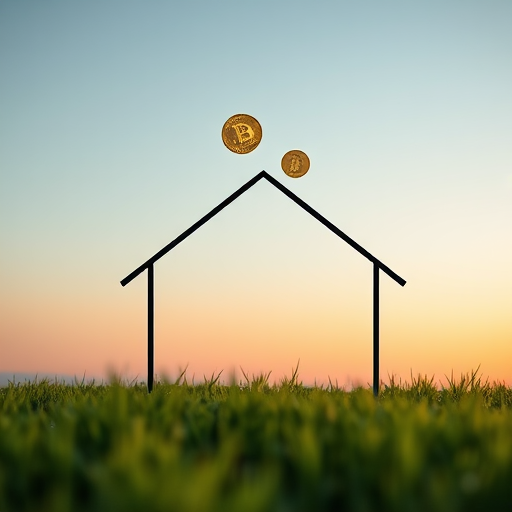 Generate an image of a minimalist house outline with two coins hovering above it, captured in a wide-angle view using a DSLR camera at f/8 aperture, ISO 100, and 1/200 sec shutter speed, with a soft gradient sky and vibrant green grass for enhanced image quality.