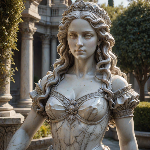 beautiful renaissance princess marble statue decorated with silver ornaments, standing in the sun (marble garden: 1.2), surrounded by topiaries, intricate curly hair, flawless marble skin, (weathered marble texture:1.35), detailed eyes, masterpiece, best quality, intricate details, high detail RAW color photo, very detailed, glorious lighting, cinematic lighting, contrast, bright light, gigapixel, 8k resolution, film, octane rendering, unreal, high definition, 8k uhd, professional lighting, photon mapping, radiosity, physically based rendering, award-winning photography, backlight, Photorealistic, Light particle tracing, vivid color, Obvious layers,Photography Award