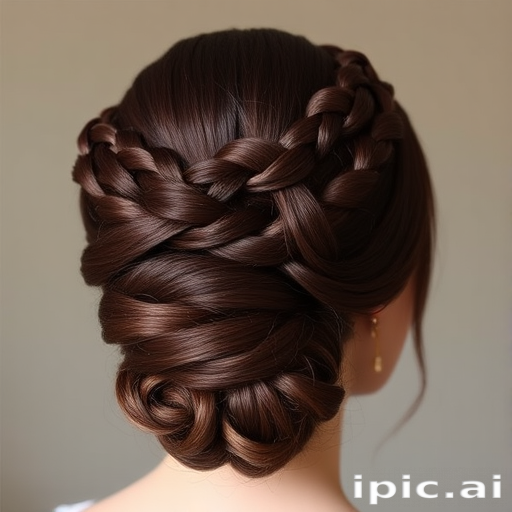 Rich mahogany brown hair styled in a sleek, low chignon with an intricate braided crown, embodying timeless elegance in the "Regal Empress" updo