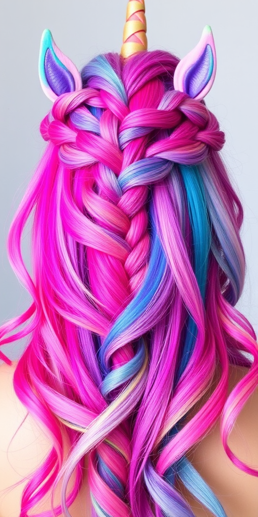 Multicolored unicorn hair featuring vibrant streaks of pink, purple, and teal, styled in a braided crown, the Rainbow Dream style showcases whimsical creativity