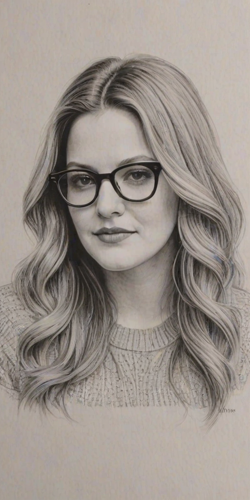 Resplendent Drew Barrymore, pencil sketch, portrait of Sublime woman 1973s in glasses, hair style beatnik, outline, clear lines, fine lines, 8k