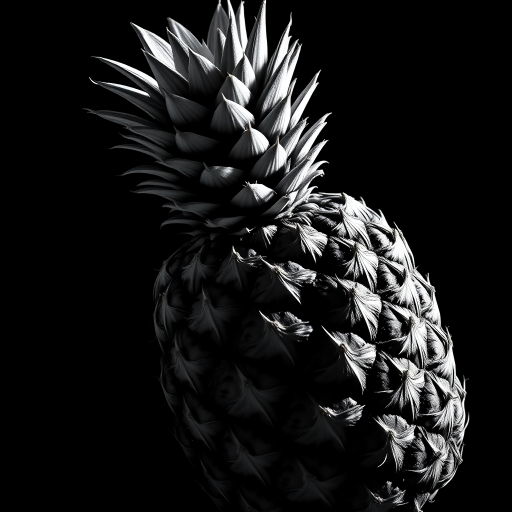 Create a high-contrast black and white image of a pineapple. The pineapple should be prominently featured with a dramatic lighting effect to highlight its texture and details. The background should be completely black to enhance the focus on the pineapple, emphasizing its unique spiky crown and rough skin.