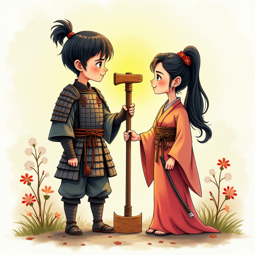 A watercolor and ink-painted, detailed line drawing of a young samurai in armor with black hair, clean-shaven, big eyes, and a large smile, standing next to a beautiful woman in a kimono. Both are holding the shaft of a warhammer together, with the head of the warhammer now adjusted to the proper size. They are the same height and look at each other with affection. The samurai is glowing with a yellowish aura, radiating warmth. The scene has a whimsical, adventurous feel in a Disney-Pixar aesthetic, with soft watercolor tones, intricate ink details, and a magical, cinematic atmosphere