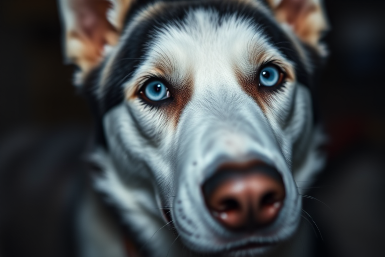 Close-up portrait of a Siberian Husky with striking blue eyes, captured in low light with a shallow depth of field, using a Canon EOS R5 with a 50mm f/1.2 lens at ISO 100, shutter speed 1/200s, shooting in RAW for enhanced detail and clarity.