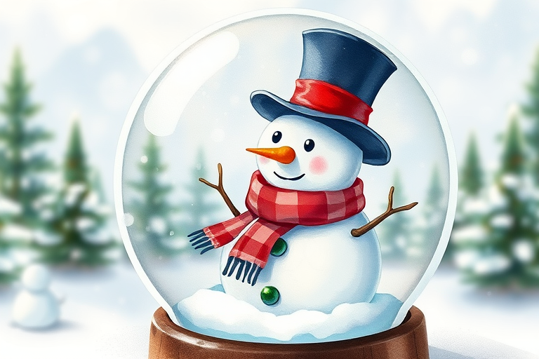 Create a high-resolution watercolor illustration of a snow globe featuring a snowman wearing a top hat and scarf, surrounded by pine trees, captured in a soft-focus style with a 50mm lens, f/2.8 aperture, and natural lighting to enhance colors and details.
