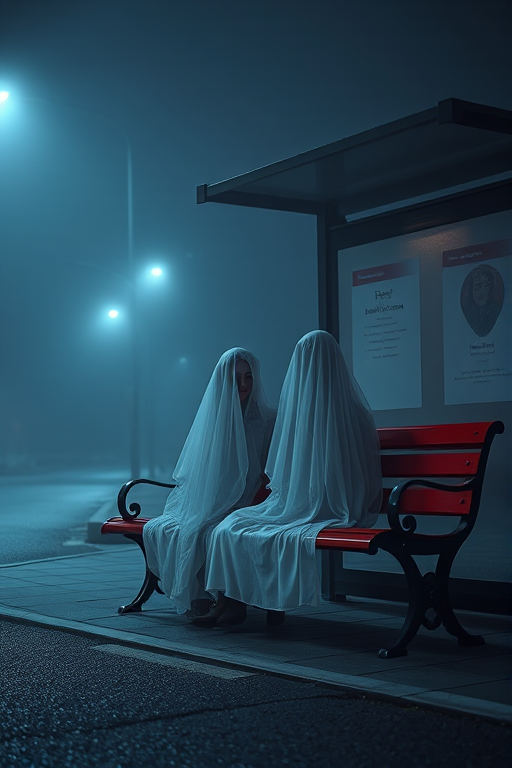 Capture a nighttime scene of two ethereal figures in flowing white veils sitting on a red bench at a deserted bus stop, surrounded by a misty atmosphere, using a Canon EOS R5 with a 50mm f/1.2 lens, ISO 800, aperture f/1.2, shutter speed 1/60 sec, shot from a low angle to emphasize the figures and the eerie ambiance.