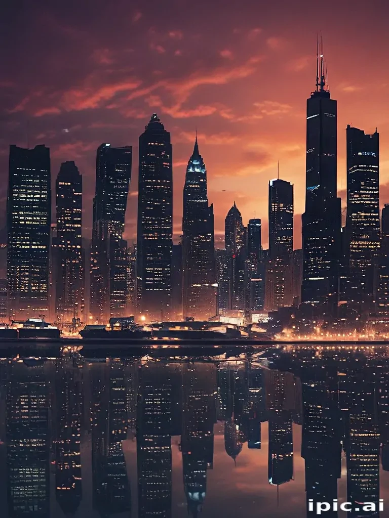 Stunning Urban Skyline Reflected in Water at Sunset with Dramatic Clouds