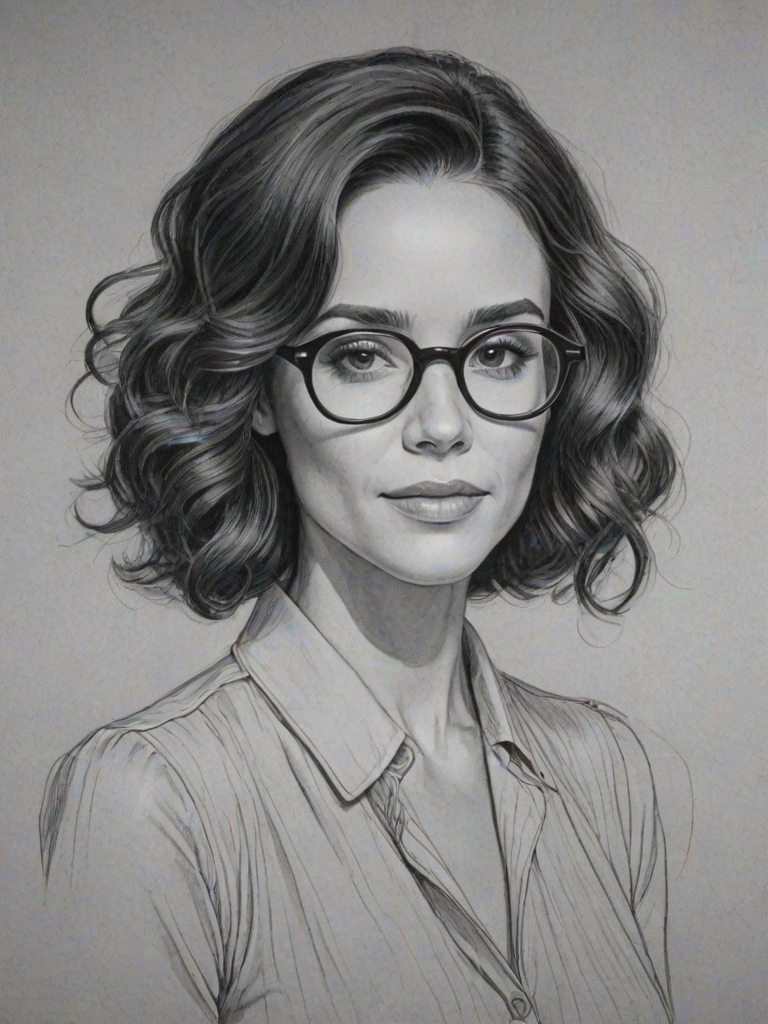 Superb Abigail Spencer, pencil sketch, portrait of Charming woman 1930s in glasses, hair style beatnik, outline, clear lines, fine lines, 8k
