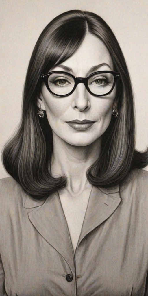 Captivating Anjelica Huston, pencil sketch, portrait of Alluring woman 1951s in glasses, hair style beatnik, outline, clear lines, fine lines, 8k