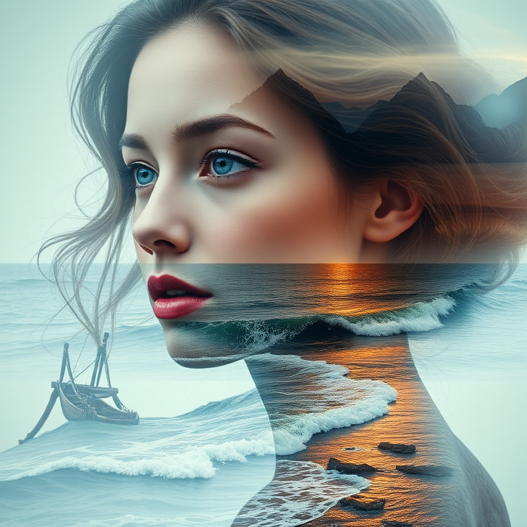 imagine Book cover, A surreal double exposure portrait that blends a woman's face with a beautiful seascape. The overall mood is dreamy and mystical, with rich colors and intricate details