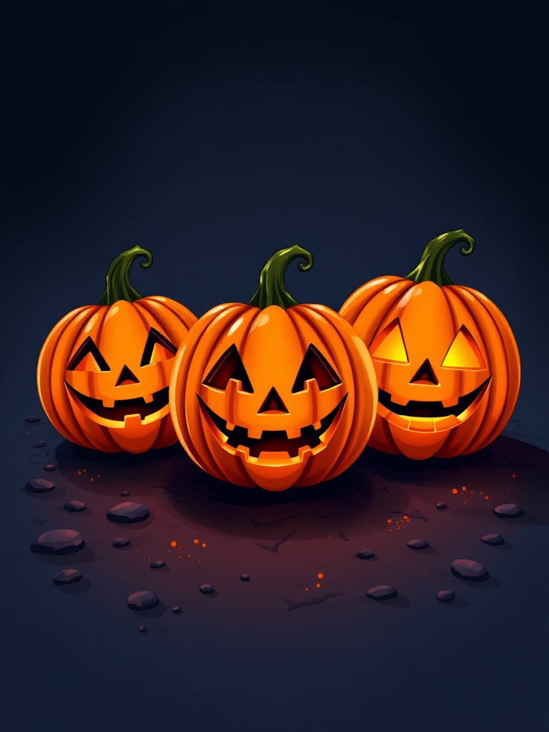 Create a vibrant illustration of three jack-o'-lanterns with distinct facial expressions, placed on a dark, textured ground, using a high-resolution digital art style, 300 DPI, front view, with soft, warm lighting and enhanced colors for a festive Halloween theme.