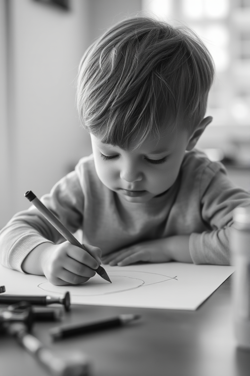 A young child intensely focused on drawing at a table, soft natural light illuminating the scene, shot with a DSLR camera, 50mm lens, f/1.8 aperture, ISO 100, 1/200s shutter speed, in black and white for dramatic effect.