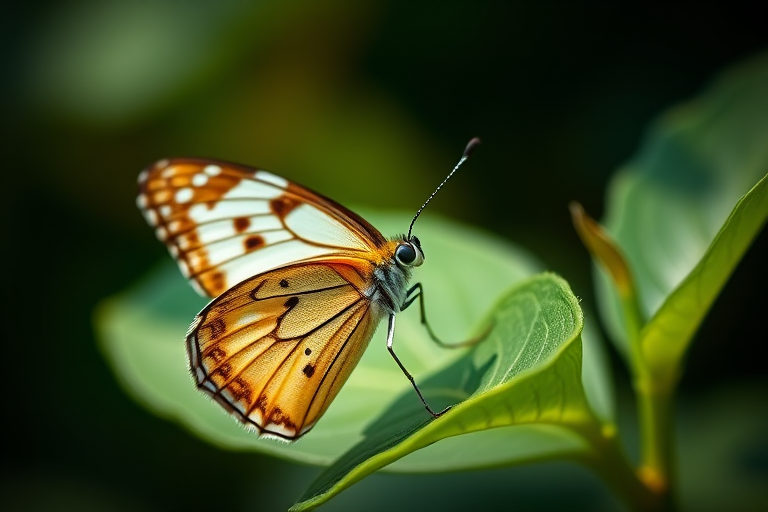 macro shot of a butterfly perched on a green leaf, f/2.8, 1/200s, ISO 100, 85mm lens, natural light, shallow depth of field, taken with a DSLR camera