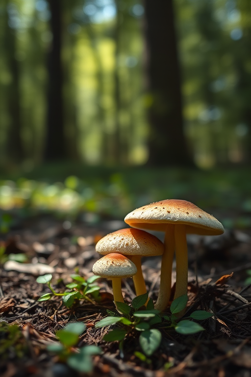 mushrooms in a forest setting with dappled sunlight, shallow depth of field, f/2.8 aperture, 50mm lens, ISO 100, 1/200s shutter speed, taken with a DSLR camera