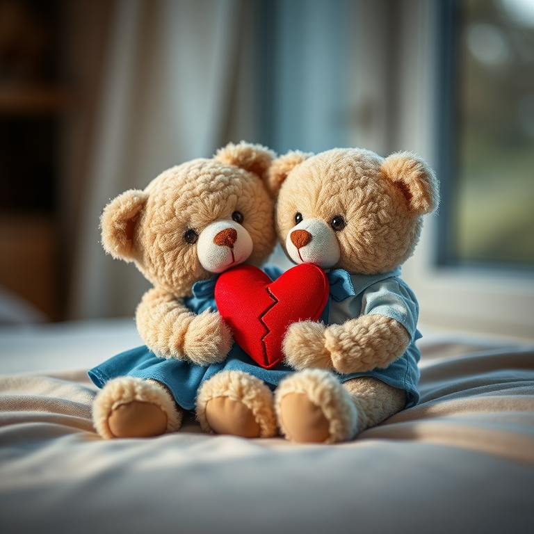 Create an image of two teddy bears sitting on a soft surface, one wearing a blue dress and the other in a light blue shirt, both holding a broken red heart; use a shallow depth of field with a 50mm lens, f/1.8 aperture, 1/125s shutter speed, and natural soft lighting from a window, capturing a warm, emotional atmosphere.
