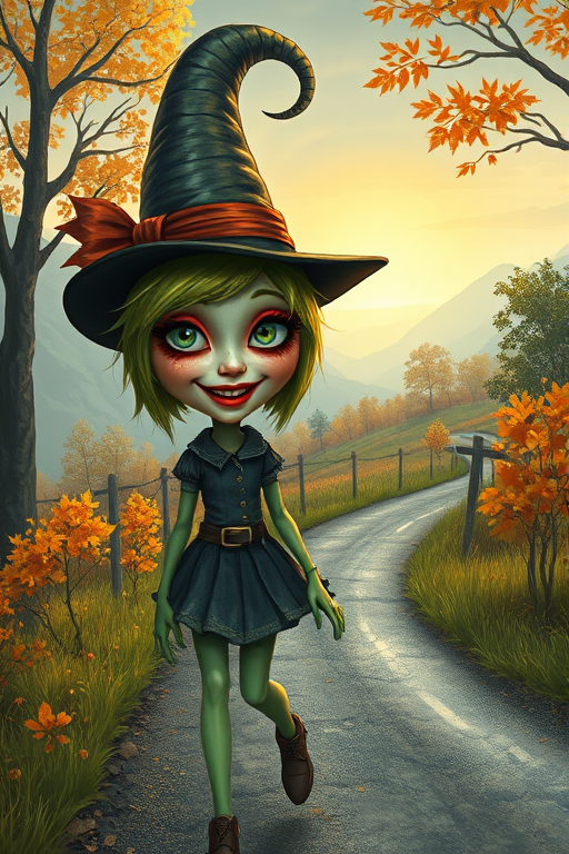digital art fantasy depicting a strange girl with green hair, long eyelashes, orange lipstick and a tall hat walking along a winding road on an autumn afternoon, an Eel smiles as she passes