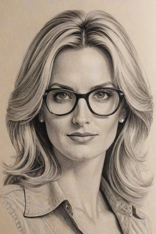 Fetching Penny Lancaster, pencil sketch, portrait of Magnificent woman 1973s in glasses, hair style beatnik, outline, clear lines, fine lines, 8k