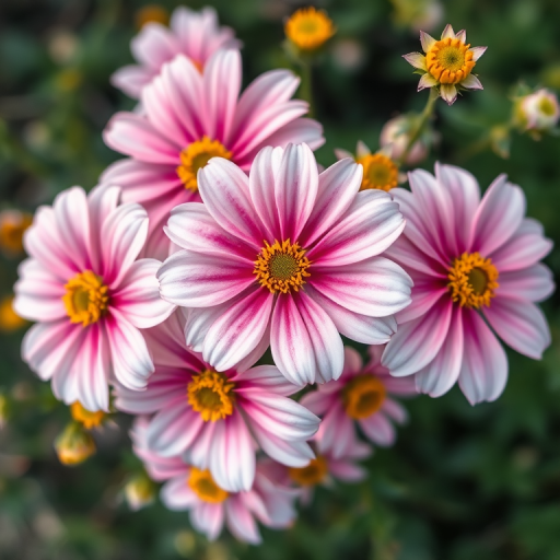 create a vibrant illustration of pink and white flowers with detailed petals and yellow centers, use a macro lens with an aperture of f/2.8 to create a shallow depth of field, set the ISO to 100 for crisp clarity, and capture the image with a DSLR camera from a top-down view for emphasis on the flower arrangement