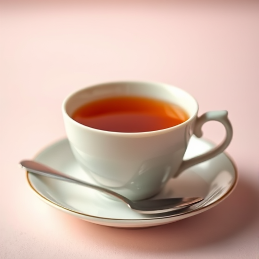 a close-up view of a steaming cup of tea on a saucer with a silver spoon, soft pastel gradient background, 50mm lens, f/1.8 aperture, ISO 100, natural lighting, shallow depth of field, DSLR camera