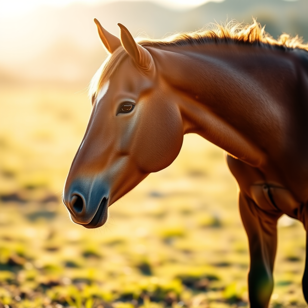 Create a realistic image of a standing horse in a sunlit field with a shallow depth of field, using a DSLR camera, 50mm lens, aperture f/2.8, ISO 100, soft natural lighting.