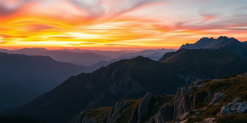 Create an image of a serene mountain landscape during sunrise with vibrant colors in the sky, using a Nikon D850 camera, ISO 100, f/11 aperture, 24mm lens, shot in landscape orientation, capturing a wide-angle view for depth and clarity.