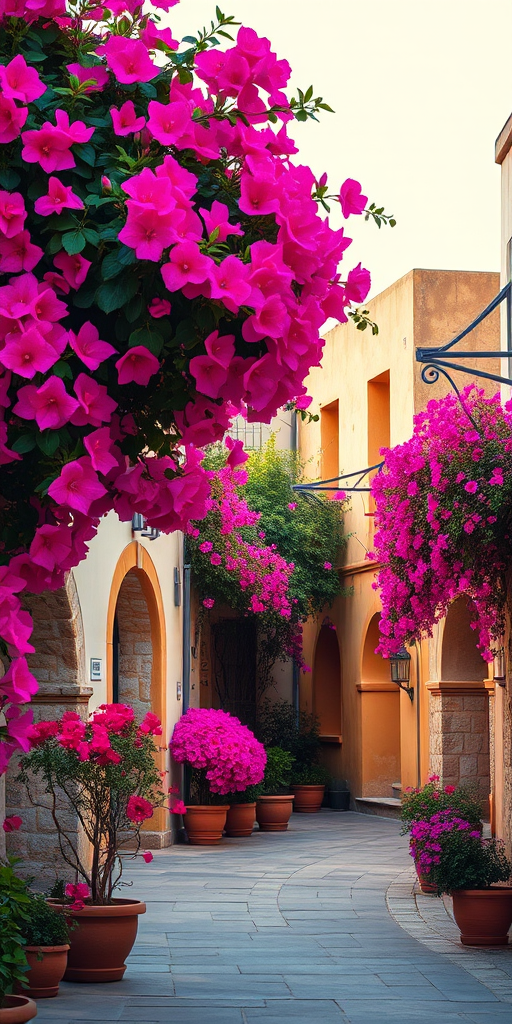 Regenerate a vibrant image of a charming street lined with flowering bougainvillea, showcasing rustic buildings with arched doorways, under soft morning light, using a Canon EOS R5 with a 24-70mm lens at f/4, ISO 100, and a shutter speed of 1/250s to enhance clarity and detail.