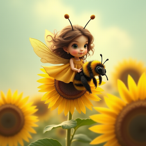 a whimsical cute girl with big eyes, big hair and flowing dress, riding astride a bumble bee, and flying across the top of the sunflower, which are just waking up, and catching dew drop of rain