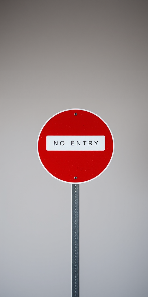 Create an image of a red "no entry" sign on a plain background with a DSLR camera, 50mm lens, aperture f/2.8, ISO 100, and high dynamic range imaging for enhanced detail.