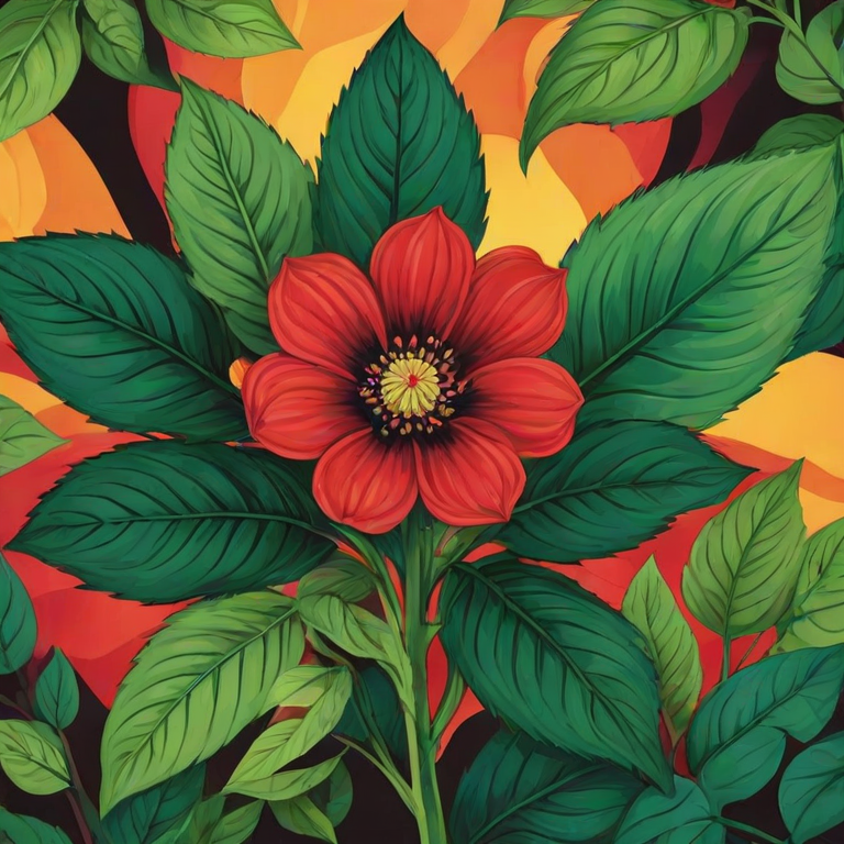 create a vibrant illustration of a red flower with black center surrounded by green leaves and stems on a colorful background