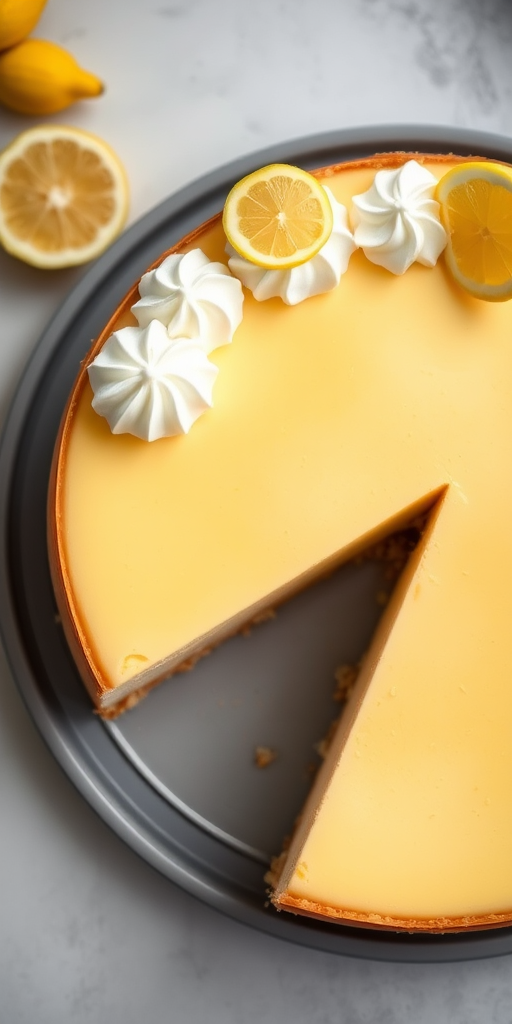 Create an image of a lemon cheesecake with a smooth yellow top, decorated with swirls of whipped cream and small lemon slices on top, set on a round gray serving platter with a slice removed revealing the creamy interior and crumbly crust.