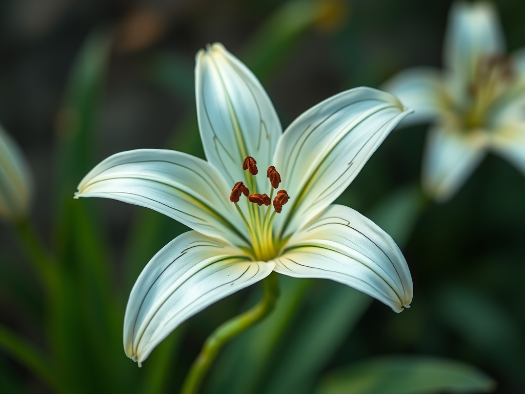 Regenerate a high-resolution image of a stylized lily flower in an artistic line drawing style, using a DSLR camera with a 50mm lens, aperture set to f/2.8, ISO 100, and a shallow depth of field for enhanced detail and soft background blur, captured from a slight overhead angle.