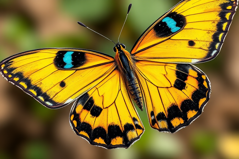 Create a high-resolution image of a butterfly with vibrant yellow, black, and turquoise colors, using a macro lens with an aperture of f/2.8, ISO 100, 1/200 sec shutter speed, shot from a top-down perspective in natural light with a DSLR camera.