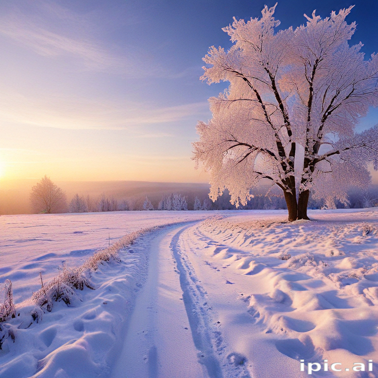 Serene Winter Landscape with Snow-Covered Tree and Soft Sunrise Glow