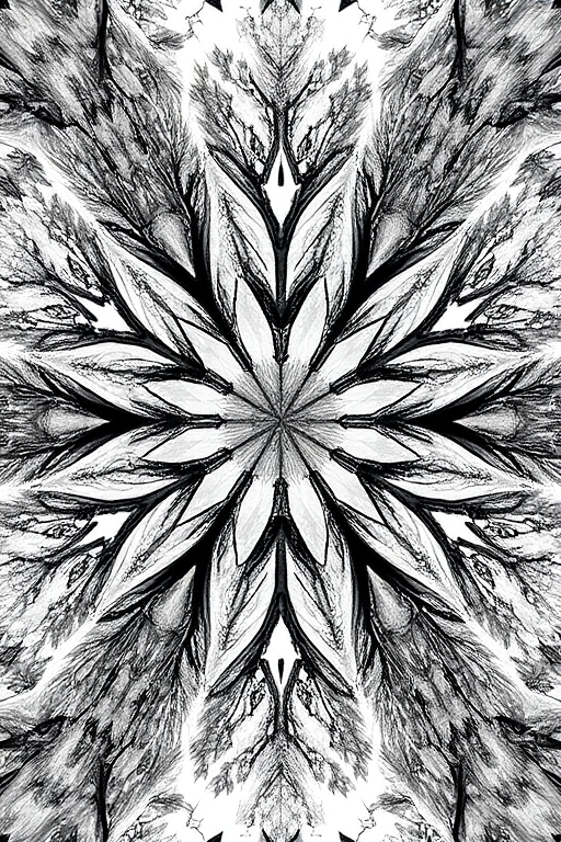 Create an intricate, symmetrical black and white tree pattern resembling a snowflake, captured from a top-down view using a DSLR camera with a 50mm lens at f/8, ISO 100, and a shutter speed of 1/200 sec, ensuring high detail and clarity.