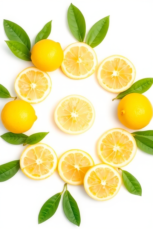 Create a vibrant circular arrangement of whole and sliced lemons with bright green leaves on a white background, with a focus on clarity and detail, using a DSLR camera at f/2.8, ISO 100, 50mm lens, macro view for enhanced image quality.