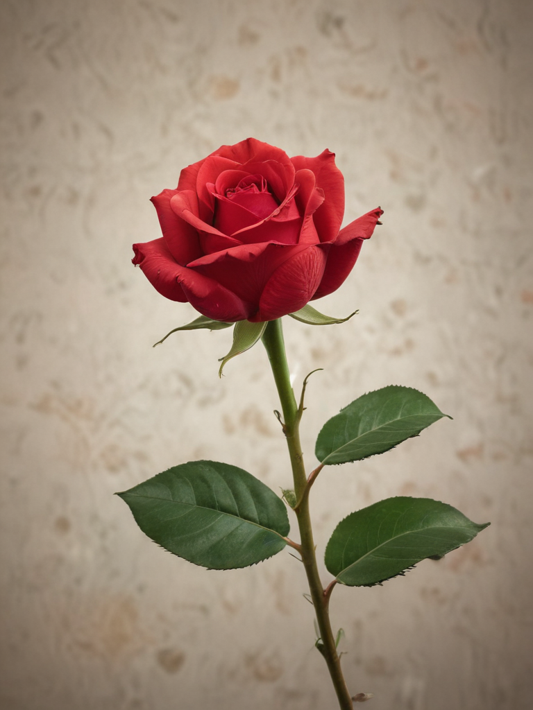 A Single Red Rose with Lush Green Leaves Against a Neutral Background