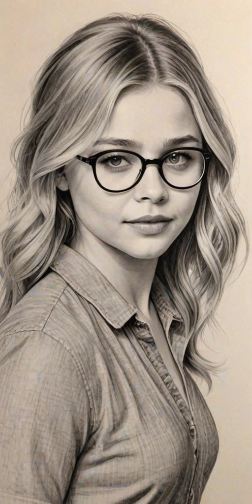 Magnificent Chloe Grace Moretz, pencil sketch, portrait of Captivating woman 1928s in glasses, hair style beatnik, outline, clear lines, fine lines, 8k