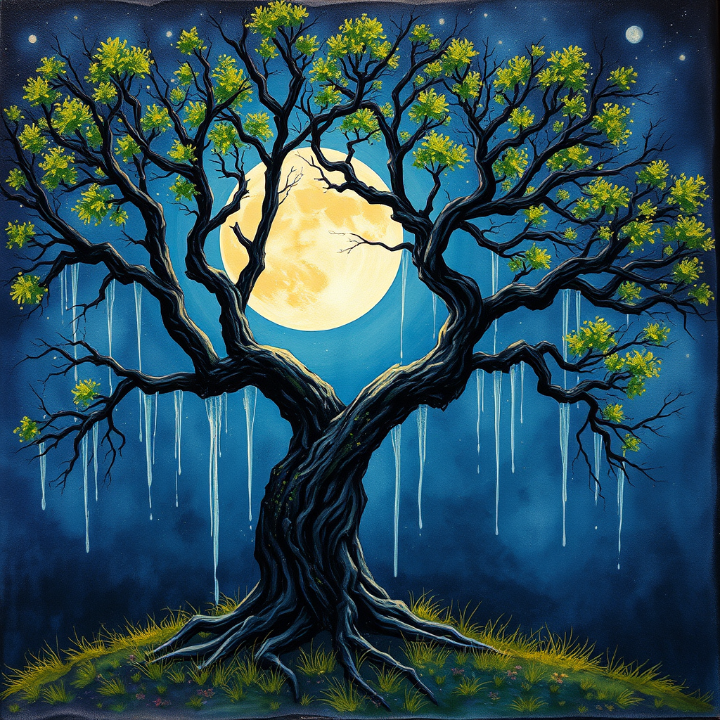 painting of a tree with a full moon in the background and water dripping from its branches, fantasy art, alcohol ink, 3D, 4K, HDRi