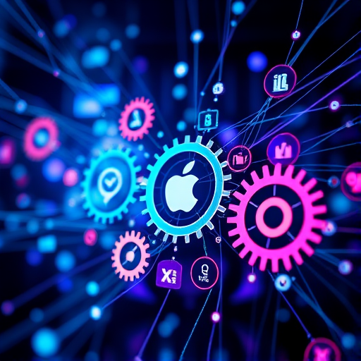 Create an image of a futuristic digital network with interconnected gears and icons representing technology and finance, using a Canon EOS 5D Mark IV with a 24-70mm f/2.8 lens, aperture set to f/8, ISO 100, shot at 1/125 sec, in a dynamic wide-angle view with vibrant blue and purple background light effects.