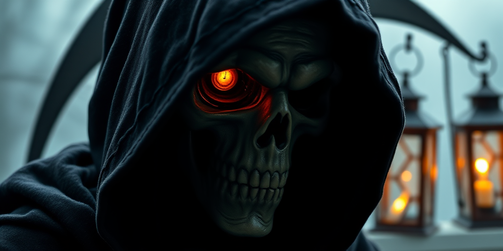 Create a detailed portrait of a grim reaper in a dark hooded cloak with glowing orange eyes, set against a misty background with a vintage lantern, captured with a DSLR camera at f/1.8 aperture, ISO 200, and a focal length of 50mm to enhance depth of field and image quality, using soft diffused lighting for dramatic effect.