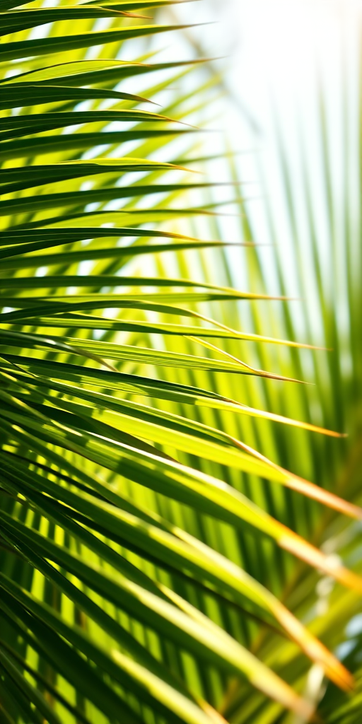 Close-up shot of green palm leaves with a shallow depth of field, sunny natural light, ISO 100, f/2.8 aperture, 50mm lens, DSLR camera.