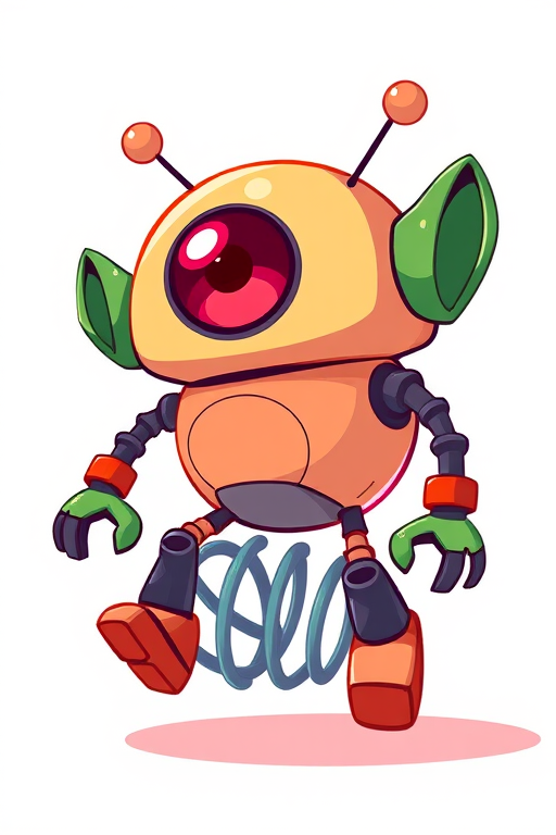 Create a vibrant illustration of a cartoonish robot with a round body, green ears, and a red eye on a spring, using a digital art style, high resolution, with a focus on bold colors and sharp outlines, shot at a 35mm lens with f/4 aperture for depth of field.
