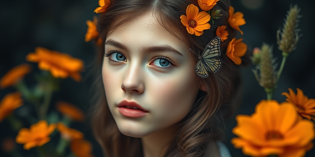 Portrait of a young woman with intricate butterfly hair accessories and floral elements, vibrant orange flowers in a rich, dark background, soft focus, 50mm lens, f/2.8 aperture, ISO 100, natural lighting, DSLR camera.