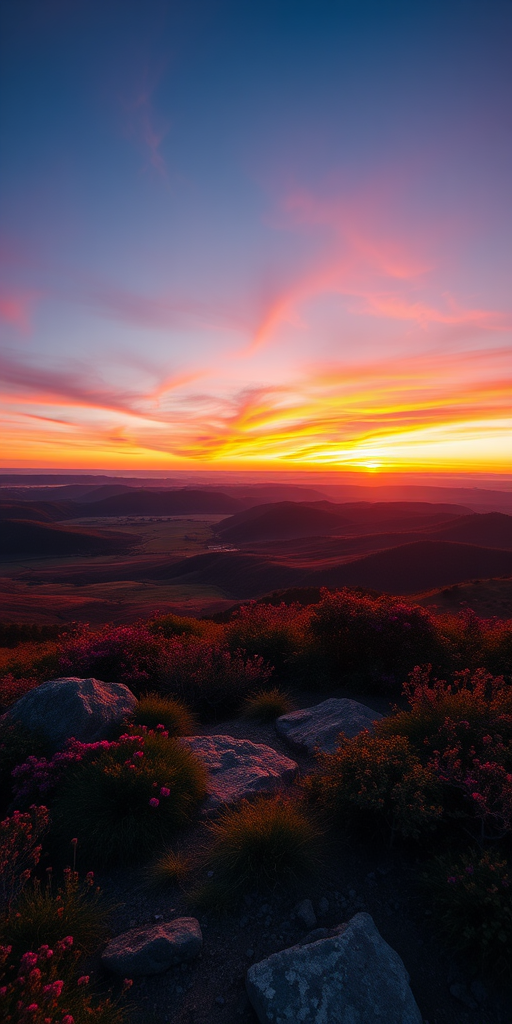 high-resolution image of a serene landscape at sunset with vibrant colors, wide-angle view, aperture f/8, ISO 100, 1/200 second shutter speed, DSLR camera, natural lighting
