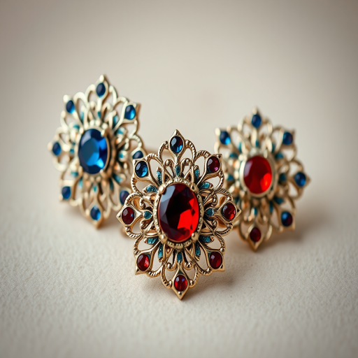 Create a high-resolution image of three ornate decorative pins with blue and red gems, using a Canon EOS R5 camera at f/2.8, ISO 100, 50mm lens, with soft diffused lighting and a shallow depth of field to enhance detail and color vibrancy.