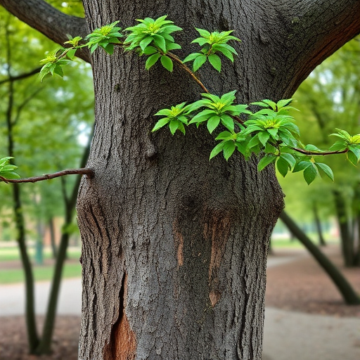 Create a realistic tree with a textured bark and detailed green foliage in a natural outdoor setting, using a DSLR camera with a 50mm lens, aperture set at f/2.8, ISO 100, and soft diffused lighting for clarity.